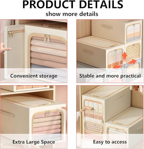 Tiny Shiny Foldable Steel Frame Linen Clothes  Storage Box with Handle — Wardrobe Organizer  for Bedroom and Home | Pack of 3 | Beige