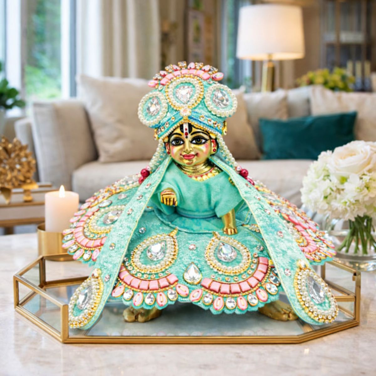 Tiny Shiny Laddu Gopal Poshak Thakur Ji Dress Heavy Designer Dress for Kanha Ji Fancy Dress for Bal Krishna Janmaasthmi Special for Ladoo Gopal Ji (Size-2)