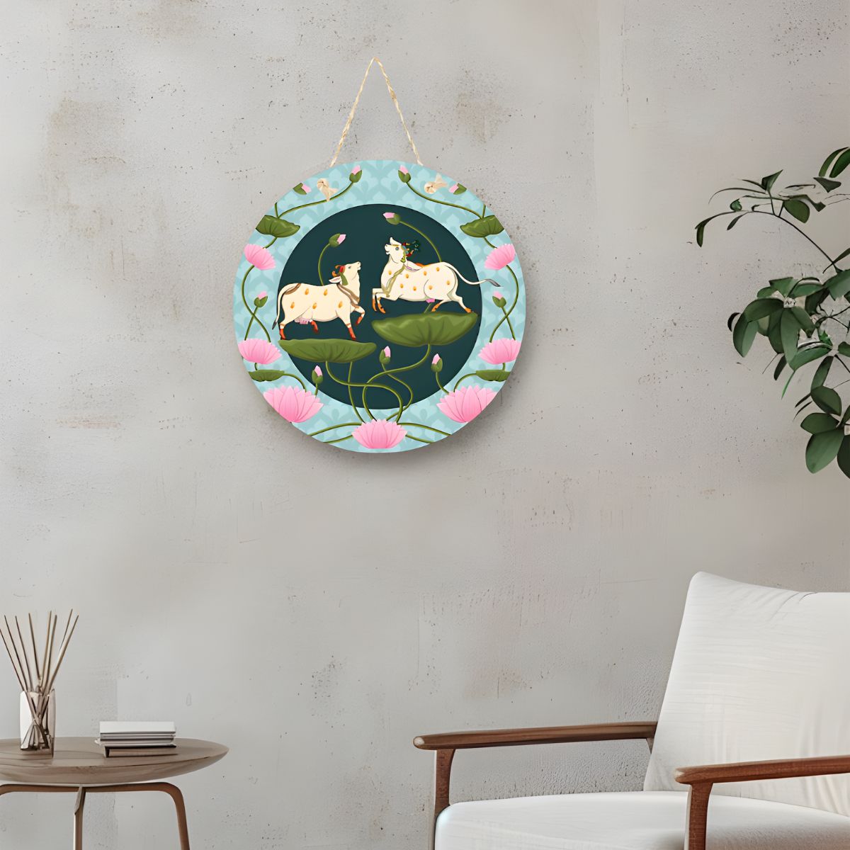 Sacred Cow Lotus Round Hanging Wall Plaque for Pooja Room Décor