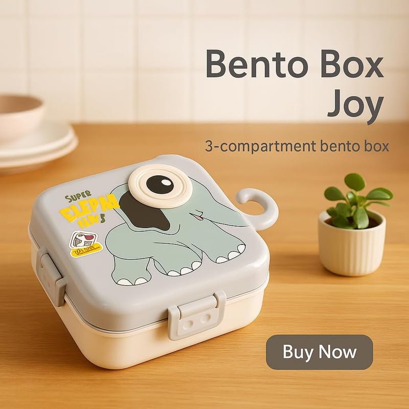 Cute Elephant Bento Lunch Box for Kids | 3 Compartment Leak-Proof BPA-Free Tiffin | Cartoon Elephant Design with Airtight Lid & Lock Clips | School, Travel & Picnic Lunch Container | Lunchbox (Grey) (1120ml + 70ml)