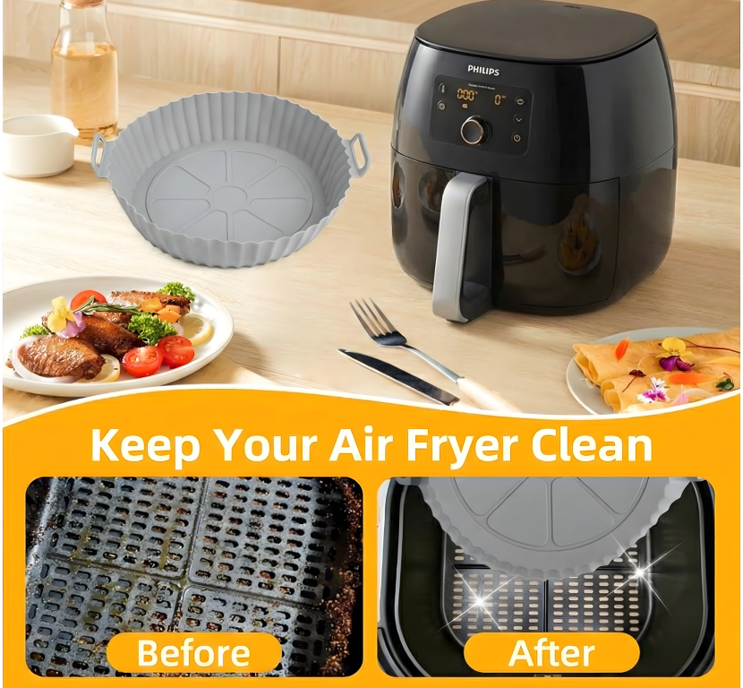 Air Fryer Liners I Round Silicone Basket Baking Tray I Pot with Ear Handles I Nonstick Reusable Heat Resistant I Cooking Oven Insert Accessories - Multicolor (Pack of 2)