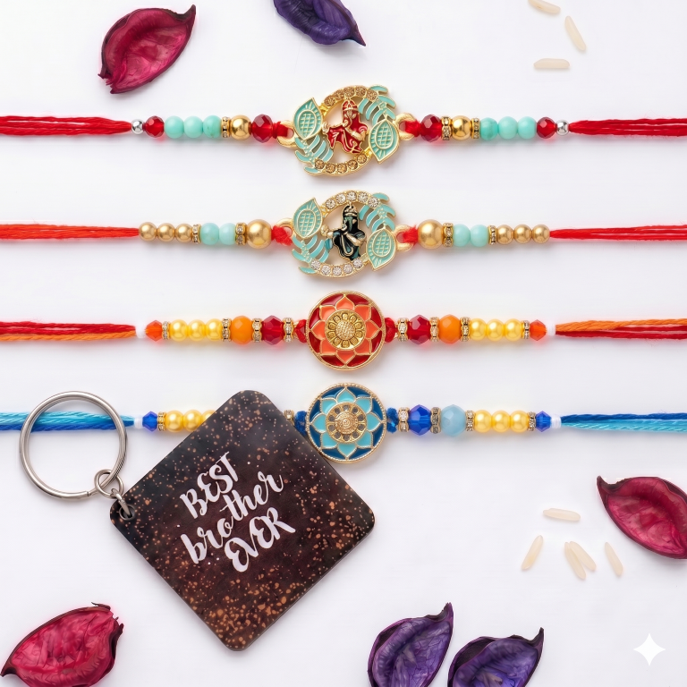 Rakhi Gift Set with 4 Radha Krishna Rakhi Set, Roli Chawa, Sipra, Key Chain and chocolate box