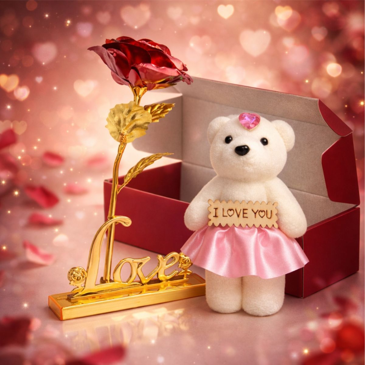 Gold Foil Rose with Teddy and Love Stand Gift Set