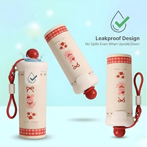Cute Rabbit Stainless Steel Kids Water Bottle with Straw & Carry Strap – Leakproof Insulated Flask for School