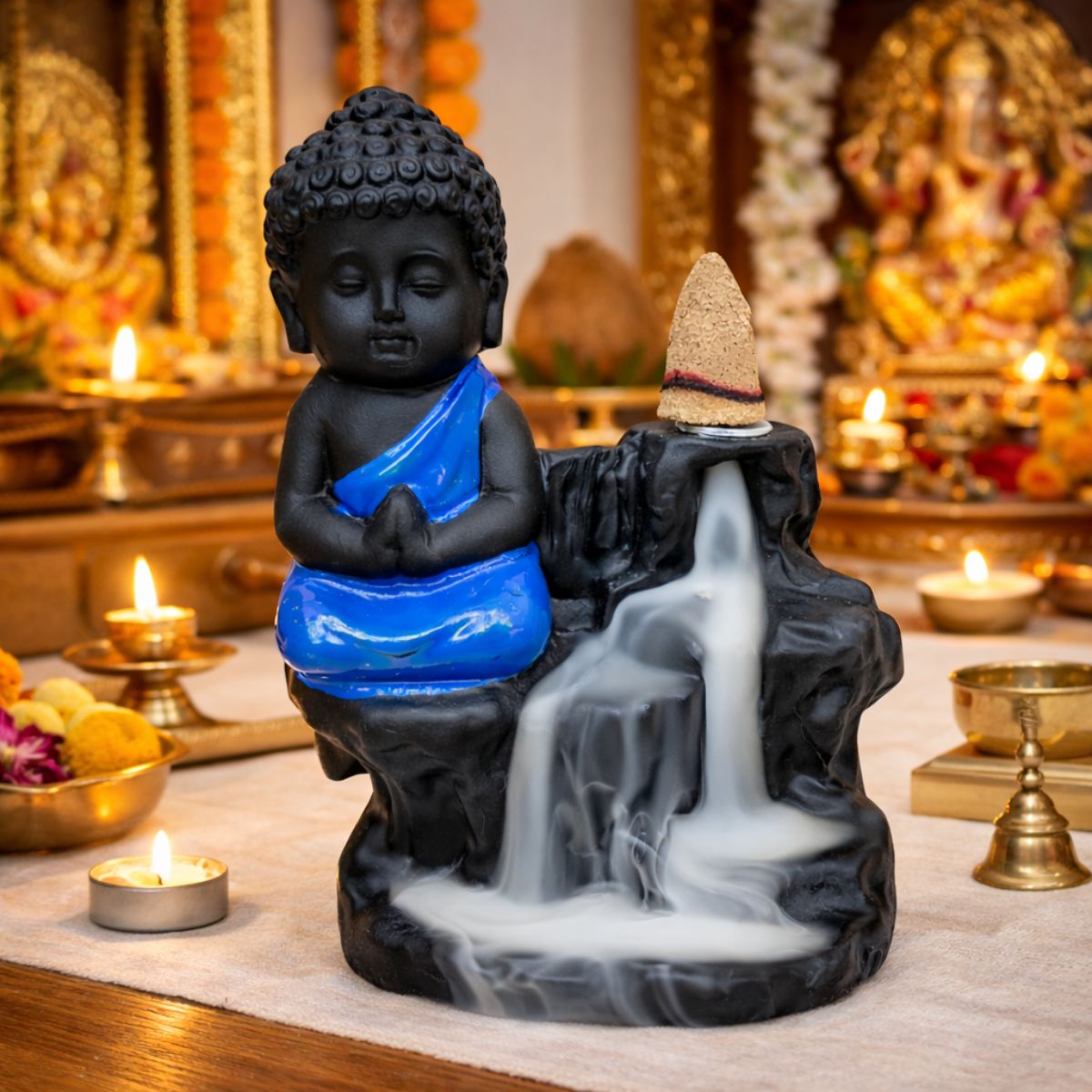 Tiny Shiny Polyresin Meditating Monk Buddha Smoke Backflow Cone Incense Holder Decorative Showpiece with 10 Free Smoke Backflow Scented Cone Incenses - image 4