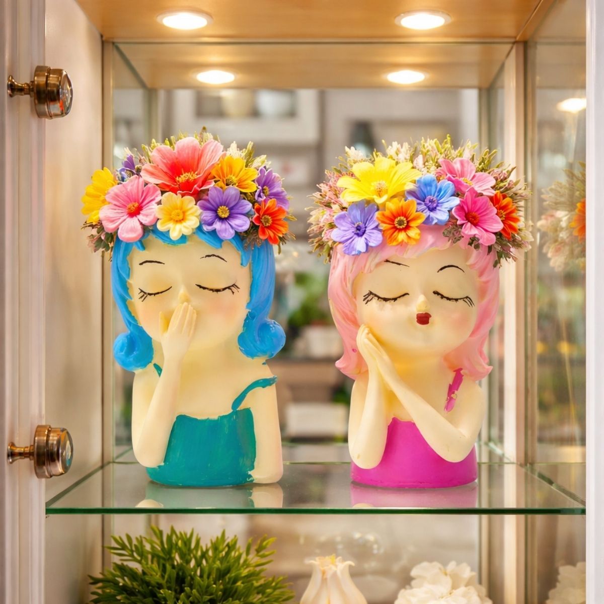 Tiny Shiny Girls Flowerpot Green Head Planter Pot Resin Cute Girl Statue Planter Decorative Cactus Plant Container for Tabletop Garden Home Office Decor Item 2 Girls - image 4