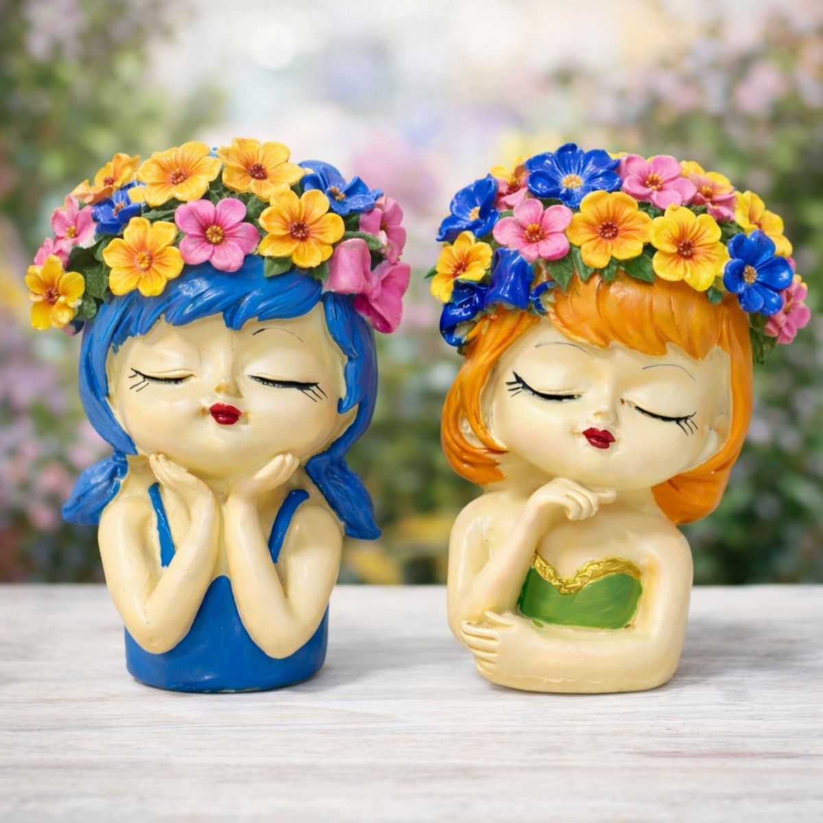 Tiny Shiny Girls Flowerpot Green Head Planter Pot Resin Cute Girl Statue Planter Decorative Cactus Plant Container for Tabletop Garden Home Office Decor Item 2 Girls - image 4