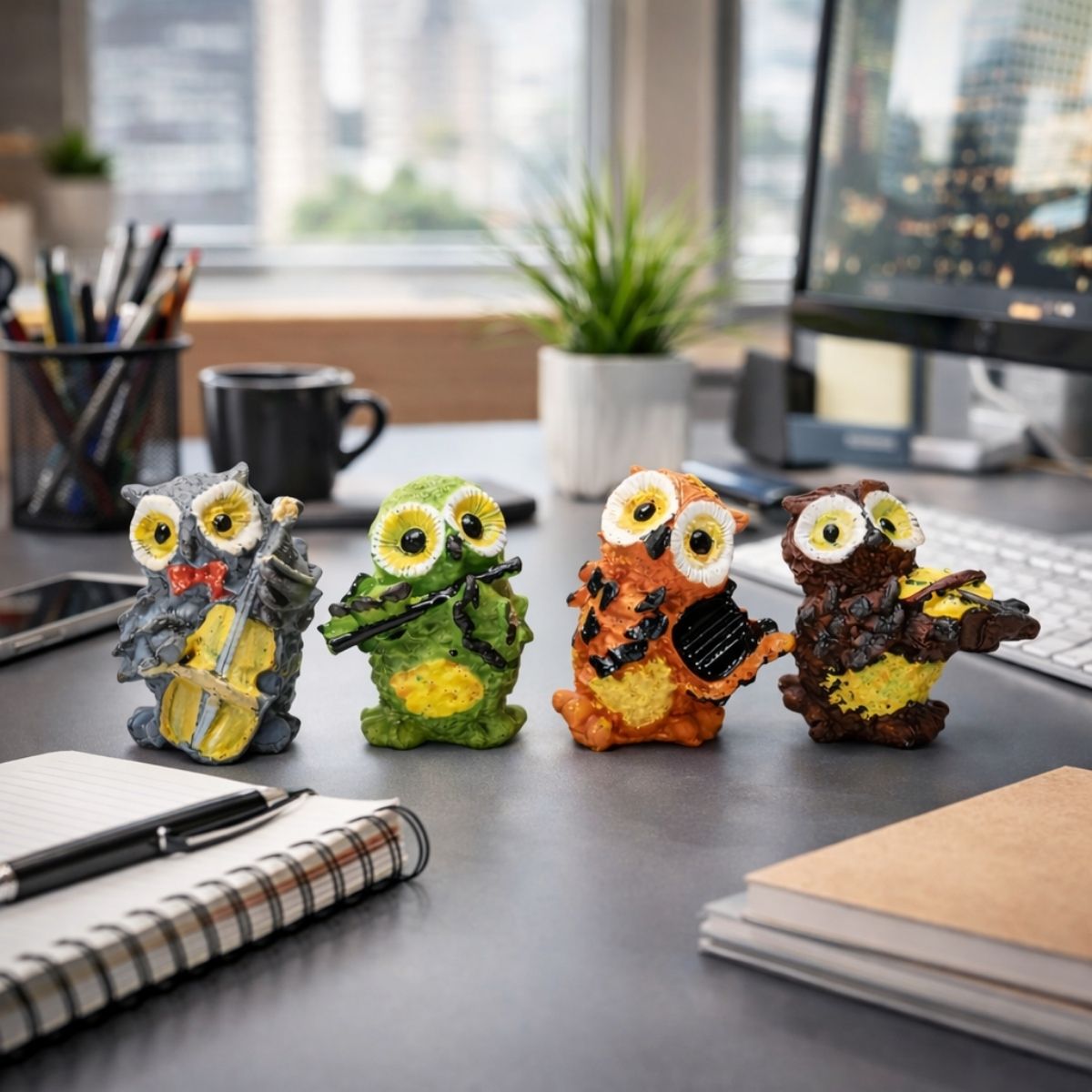 Tiny Shiny Owl Showpiece, Figurines, Statues for Good Luck Playing Musical Instruments for Home & Office Decor Showpiece Decorative & Gifting Items (Set of 4) (Resin, Multicolor) - image 4