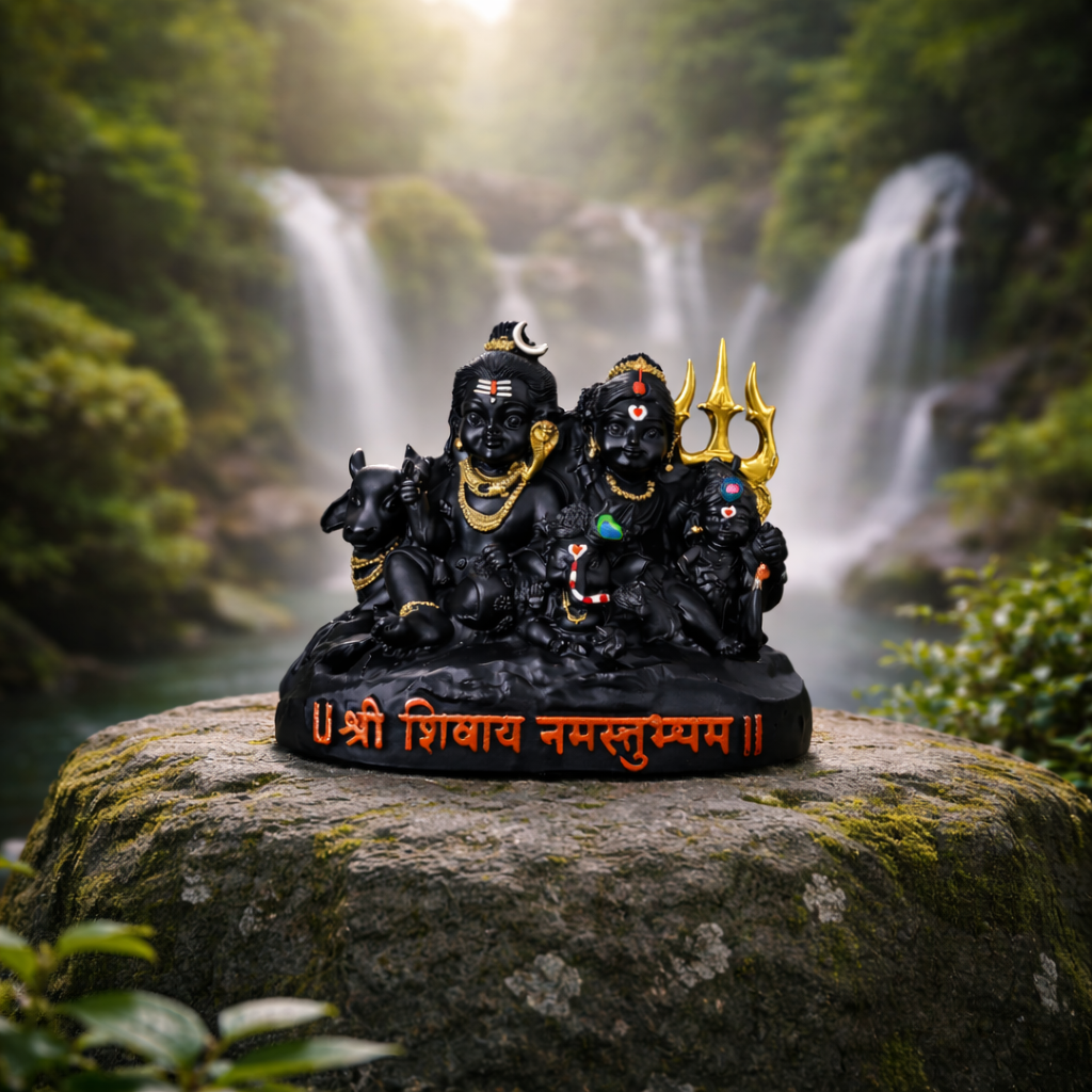Tiny Shiny Adorable Shiv Parivar Idol Parvati, Ganesh, Kartikey Bhagwan on Nandi Maharaj Black Statue of Shiva Family for Home Puja, Office Mandir, Mahashivratri, Saawan