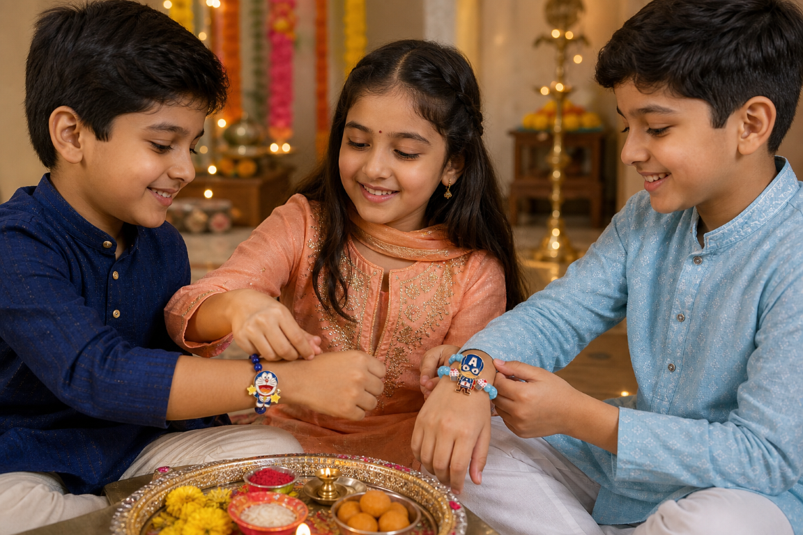 Captain & Doraemon Bracelet Bro Kids Rakhi Set of 2 Designer Rakhi for Brother