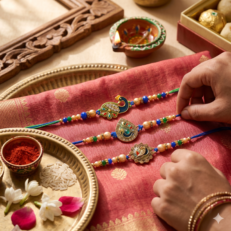 Rakhi Gift Set for Bhai with 3 Royal Peacock Rakhi Trio, Roli Chawa, Sipra, Key Chain and chocolate box