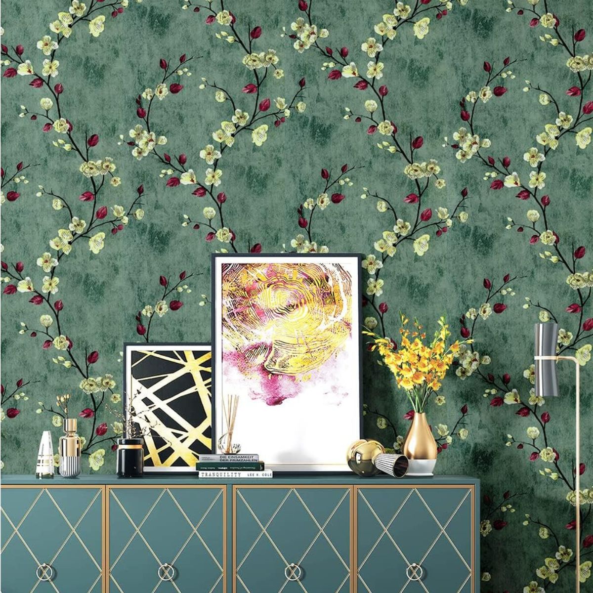 Tiny Shiny Green Floral Removable PVC Vinyl Wallpaper for Walls