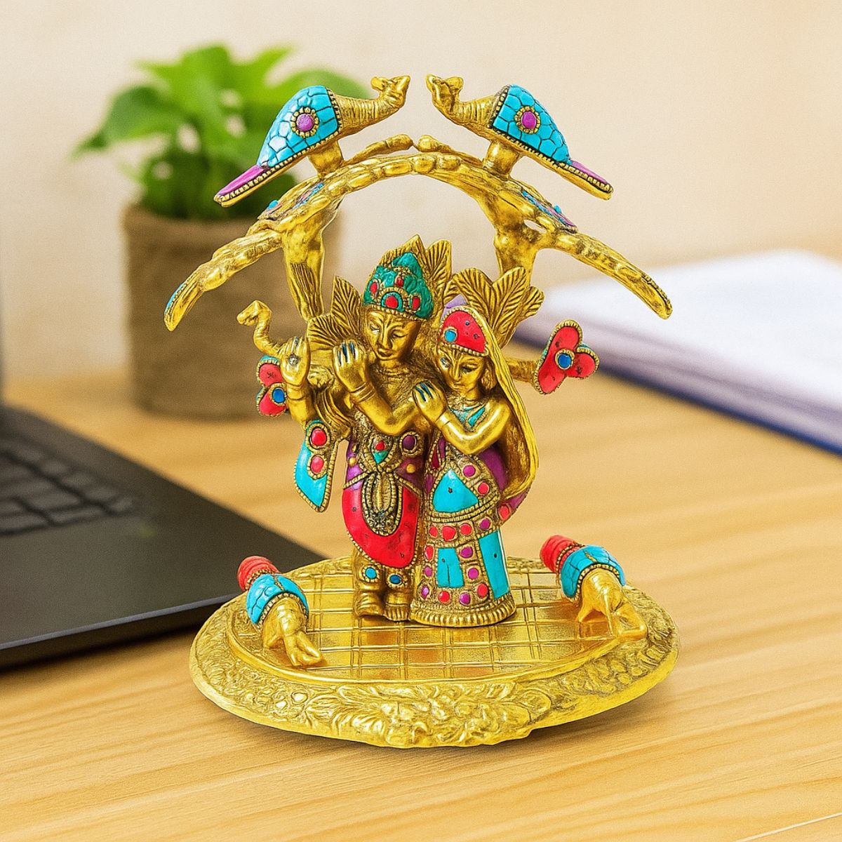 Metal Statue of Radha Krishna Under Tree with Peacock