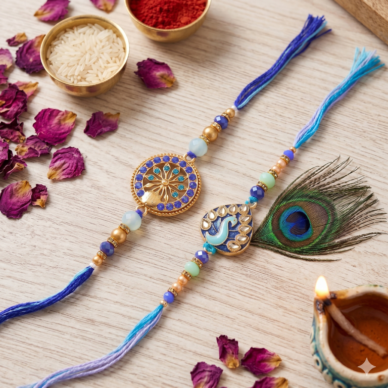 Set of 2 Royal Mandala & Peacock Rakhi Set for Brother & Bhavi, Multicolor
