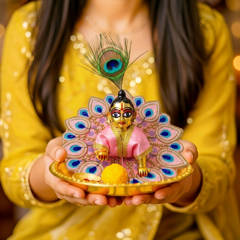 Tiny Shiny Laddu Gopal Poshak Thakur Ji Dress Heavy Designer Dress for Kanha Ji Fancy Dress for Bal Krishna Janmaasthmi Special for Ladoo Gopal Ji (Size-4)