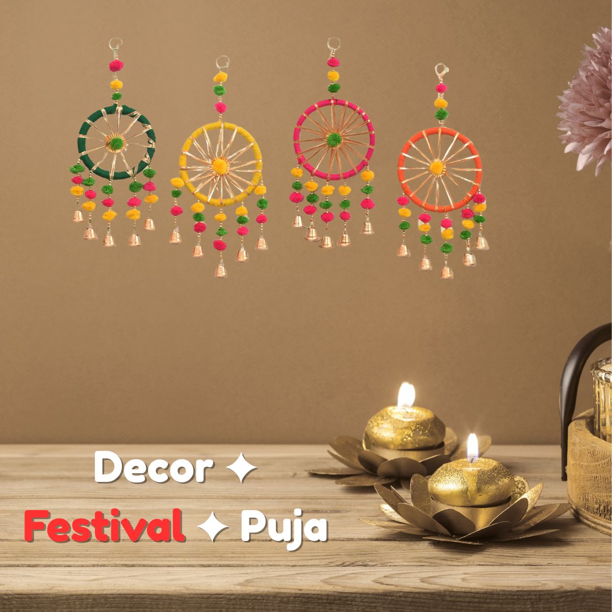 Boho Handmade Dreamcatcher Wall Hanging with Pom Poms & Bells – Colorful Decorative Hanging Set