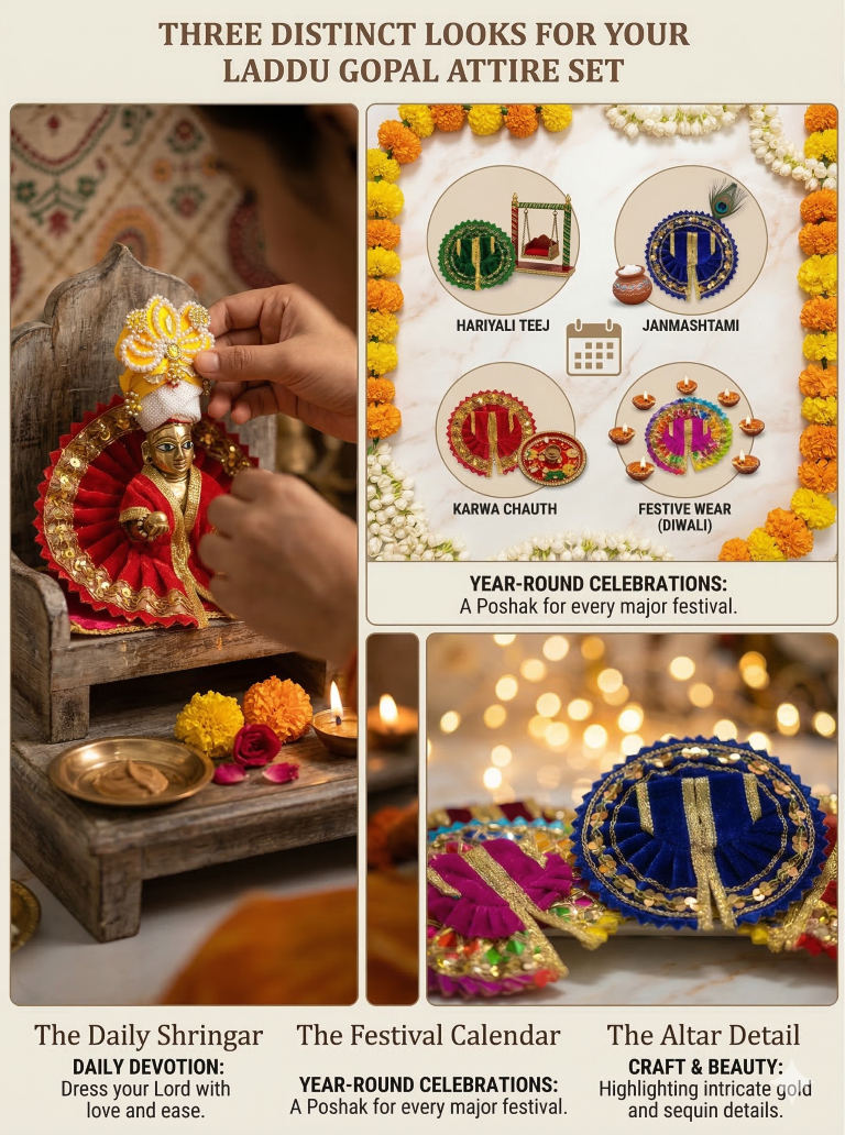 Tiny Shiny Laddu Gopal Poshak Thakur Ji Dress  Designer Dress for Kanha Ji Fancy Dress for Bal Krishna Janmaasthmi Special for Ladoo Gopal Ji (Poshak-8, Mukut-2, Size-1 )