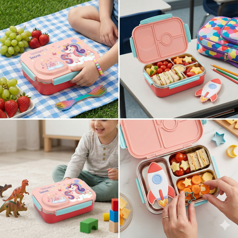 Steel Lunch Lunch Box, 750 ml with 150ml Bowl, BPA Free and Leak Proof, 3 Compartment airtight, with a Spoon & Chopsticks,Unicorn Cartoon Design, Pink, Premium Lunch Box