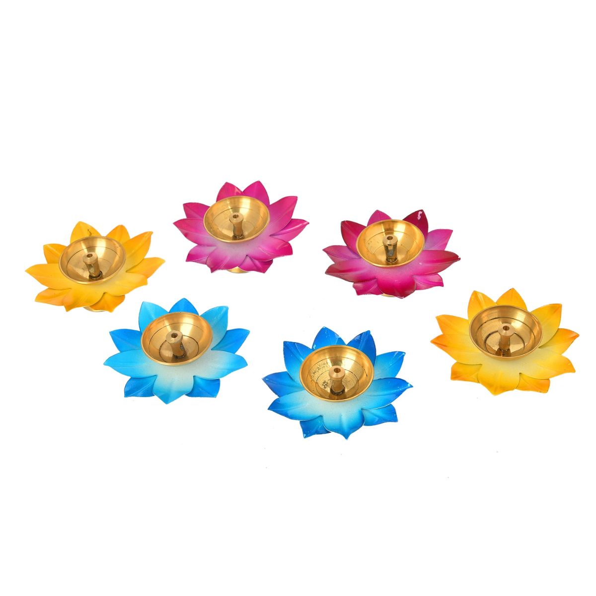 6Pc Brass Diya Lotus Oil Lamp Set