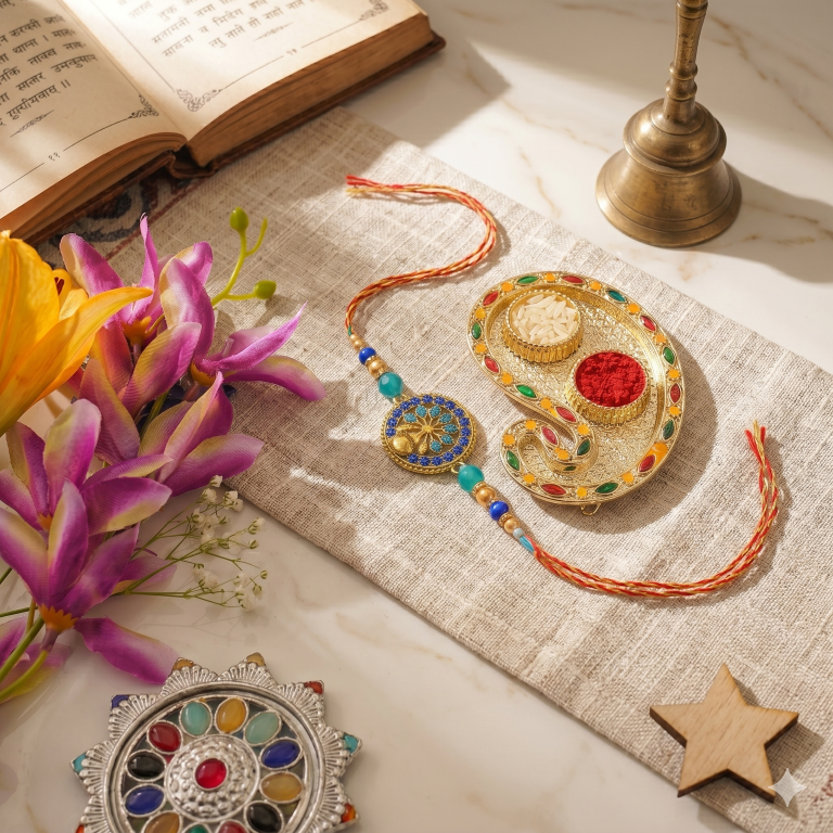Rakhi Gift Set Brother with Life Tree Rakhi, Roli Chawa, Sipra, Key Chain and chocolate box