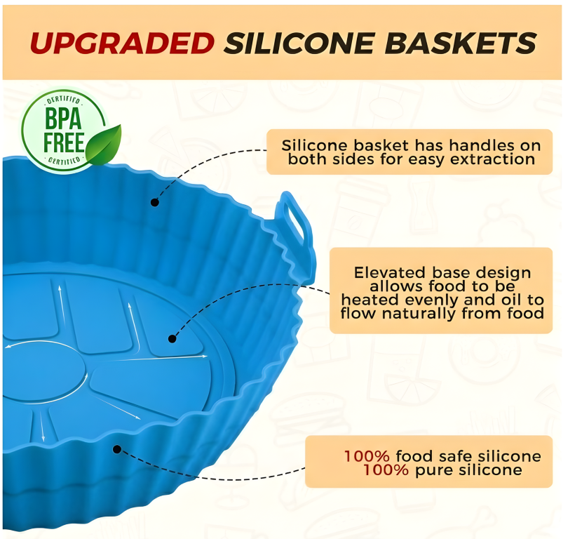 Air Fryer Liners I Round Silicone Basket Baking Tray I Pot with Ear Handles I Nonstick Reusable Heat Resistant I Cooking Oven Insert Accessories - Multicolor (Pack of 2)