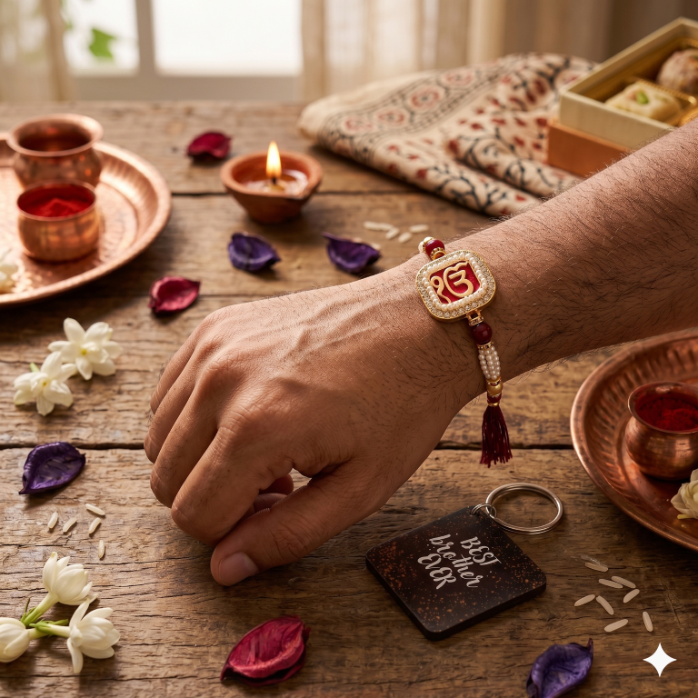 Rakhi Gift Set Brother with Ik Onkar Designer Rakhi, Roli Chawa, Sipra, Key Chain and chocolate box