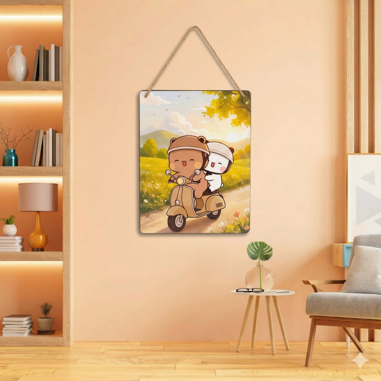 Cute Bear Couple Scooter Ride Wall Hanging | Aesthetic Room Decor