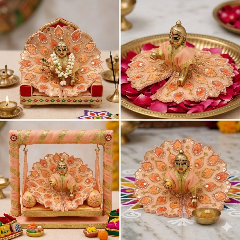 Tiny Shiny Laddu Gopal Poshak Thakur Ji Dress Heavy Designer Dress for Kanha Ji Fancy Dress for Bal Krishna Janmaasthmi Special for Ladoo Gopal Ji (Size-3 to 5)