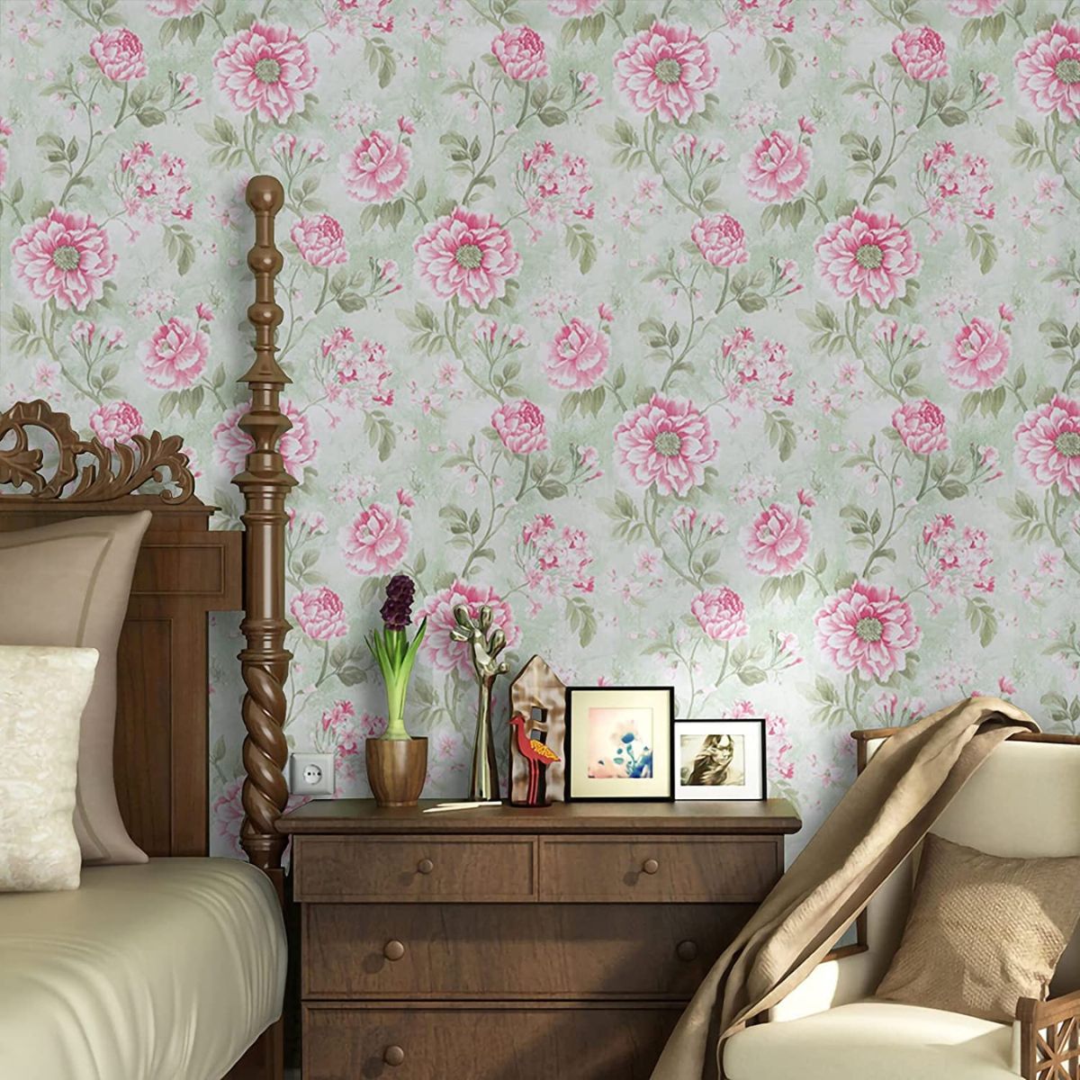 Removable Pink Flower with Leaves Pattern Wallpaper
