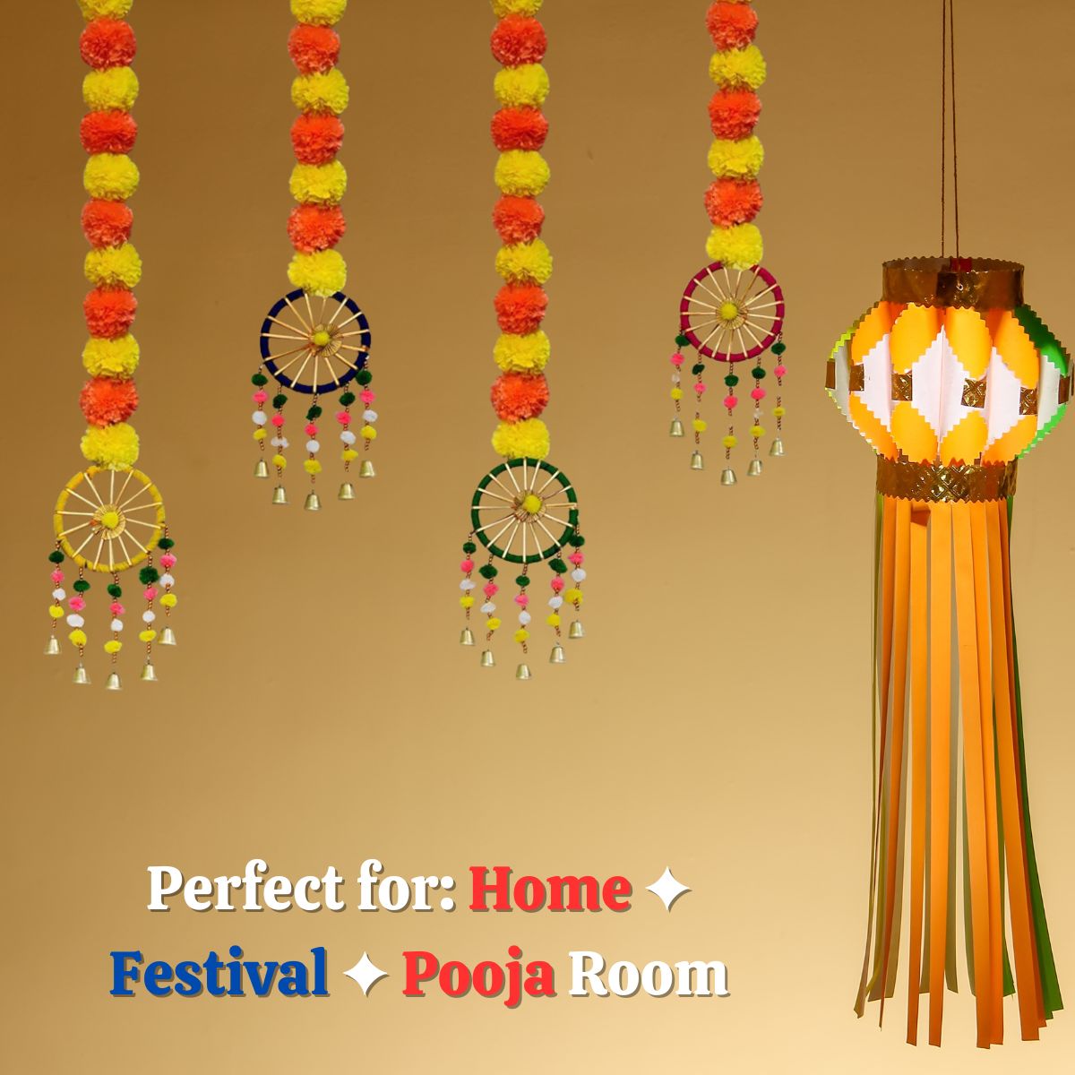 Tiny Shiny Artificial Marigold Fluffy Flowers Garland String with Bells Ring Pom Pom