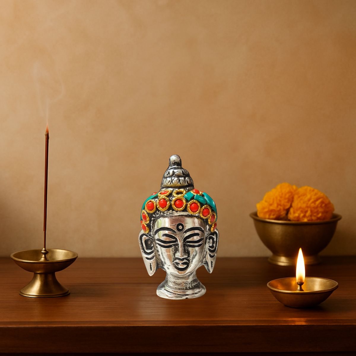 Metal Buddha Statue Figurine with Colorful Stones Agarbatti Holder