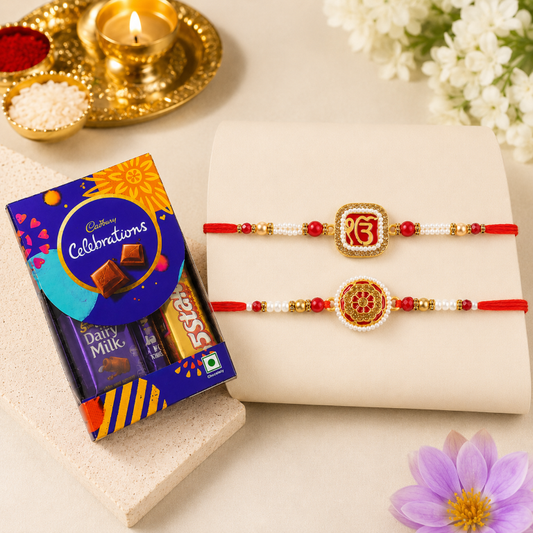 Rakhi Gift Set with 2 Ik Onkar & Mandala Rakhi Set, Roli Chawa, Sipra, Key Chain and chocolate box