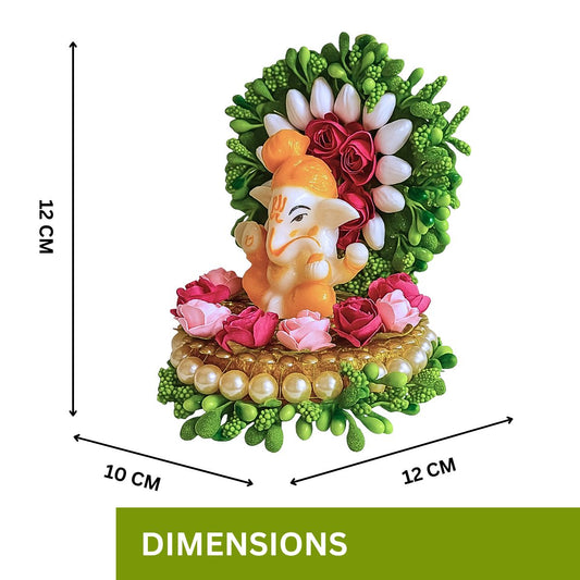 Tiny Shiny Lord Ganesha Idol with Green Floral Arch  and Mogra Rose Pearl Plate