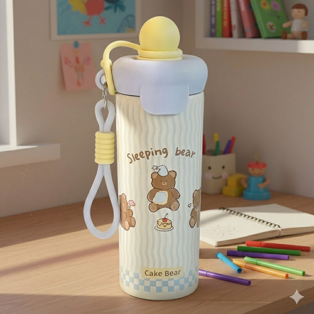 Cute Bear Stainless Steel Kids Water Bottle with Straw & Carry Strap – 500ml Leakproof Insulated Flask for School