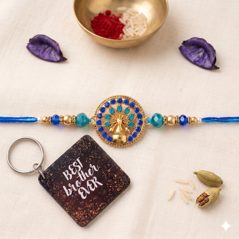 Rakhi Gift Set Brother with Life Tree Rakhi, Roli Chawa, Sipra, Key Chain and chocolate box