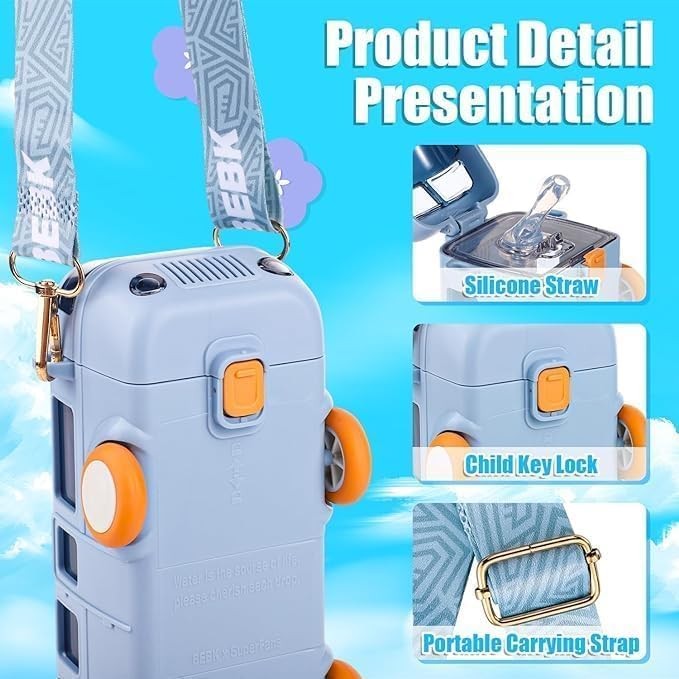 Bus Water Bottle For Kids With Strap, Sipper, & Straw | Leakproof, Bpa Free With Lock, 500 Ml | Tritan Water Bottle For School Kids| (BLUE-COLOR)