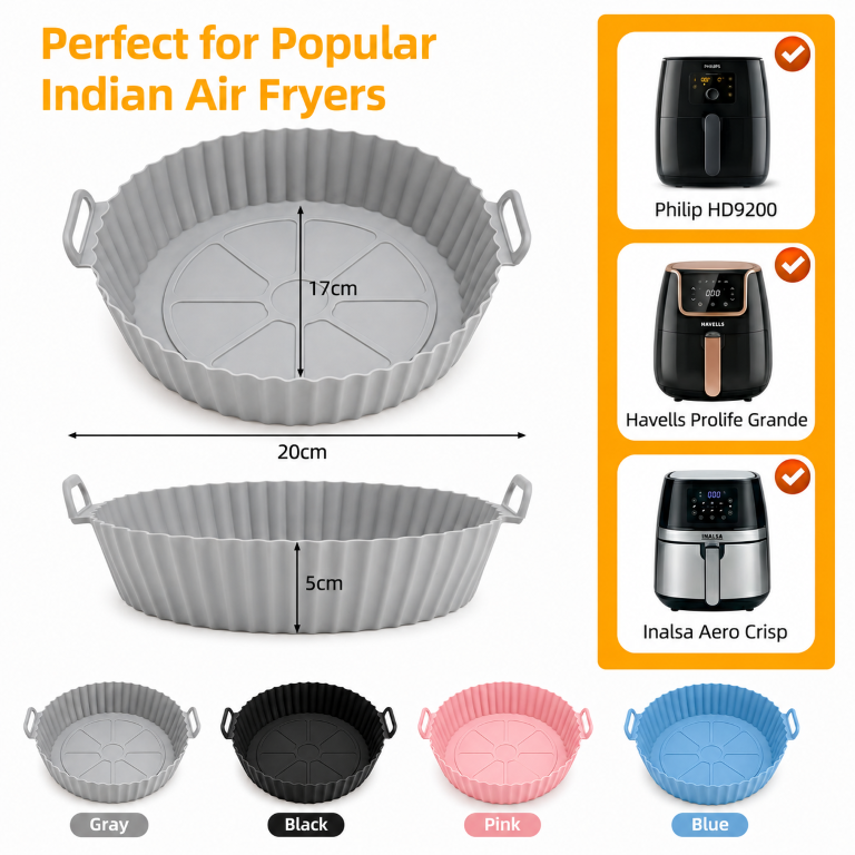 Air Fryer Liners I Round Silicone Basket Baking Tray I Pot with Ear Handles I Nonstick Reusable Heat Resistant I Cooking Oven Insert Accessories - Multicolor (Pack of 4)