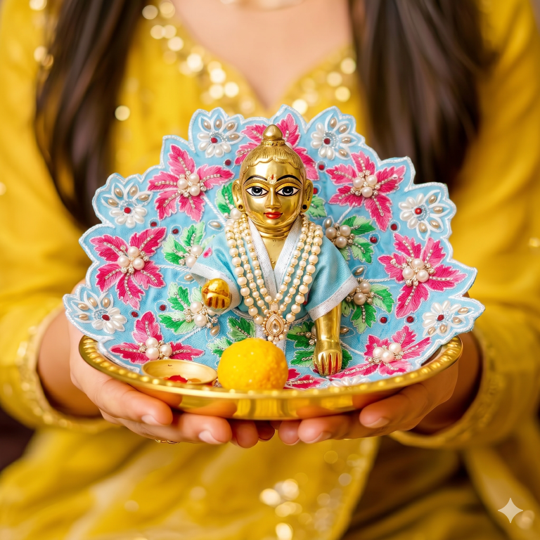 Tiny Shiny Laddu Gopal Poshak Thakur Ji Dress Heavy Designer Dress for Kanha Ji Fancy Dress for Bal Krishna Janmaasthmi Special for Ladoo Gopal Ji (Size-4 And 5)
