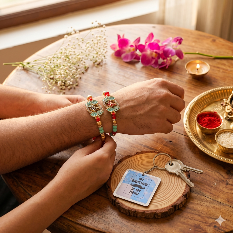 Rakhi Gift Set with 2 Lakshmi Ganesha Rakhi Set, Roli Chawa, Sipra, Key Chain and chocolate box