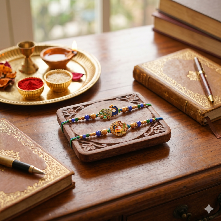 Rakhi Gift Set with 2 Royal Peacock Rakhi Set, Roli Chawa, Sipra, Key Chain and chocolate box
