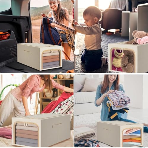 Tiny Shiny Clothes Storage Bin with Metal Frame  and Handle — 56 Litre Quilt Organizer Box | Beige