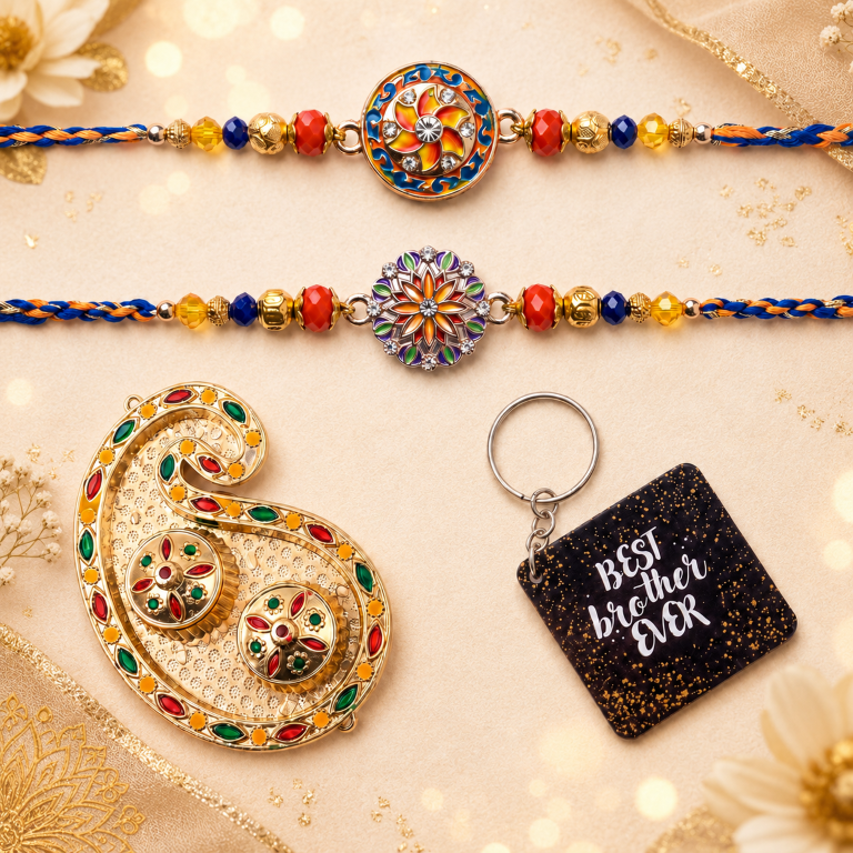Rakhi Gift Set with 2 Twin Mandala Rakhi Pair, Roli Chawa, Sipra, Key Chain and chocolate box