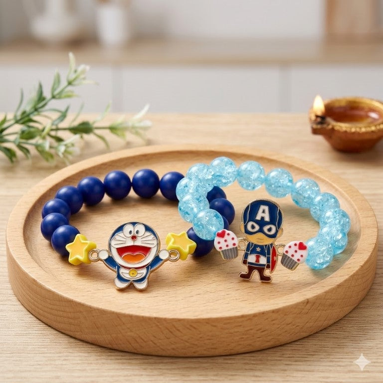 Captain & Doraemon Bracelet Bro Kids Rakhi Set of 2 Designer Rakhi for Brother