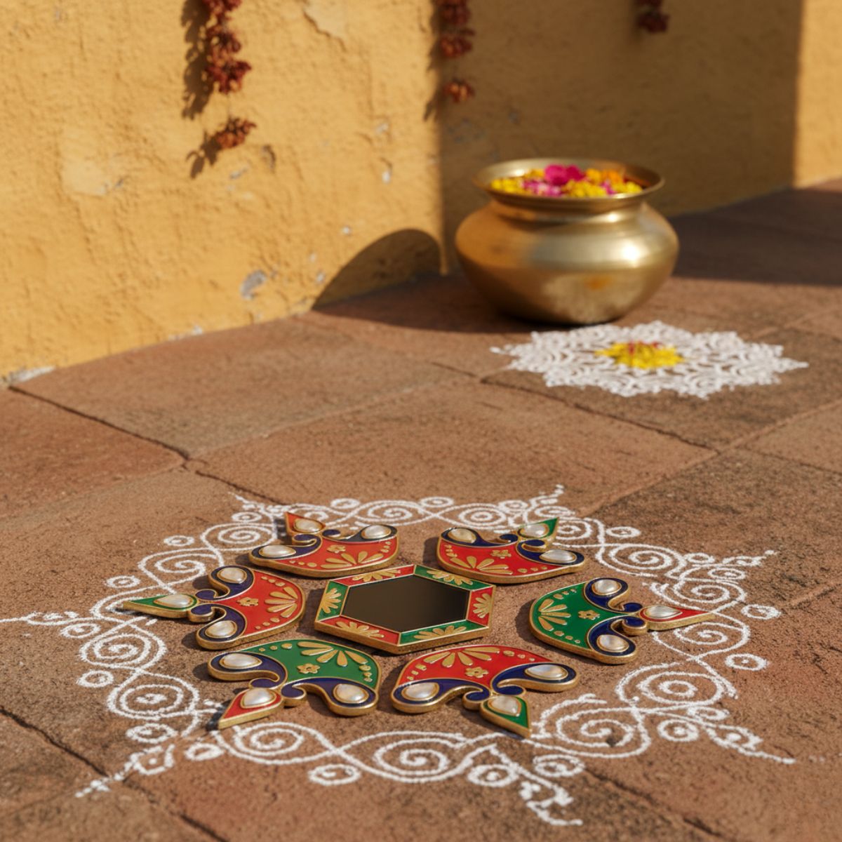 Diya Meena Stone Rangoli — Decorative  Reusable Festive Floor Art for Diwali and Pooja