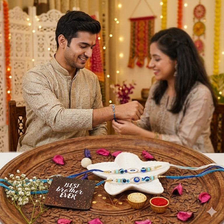 Set of 2 Evil Eye Designer Rakhi Set for Brother & Bhavi, Multicolor