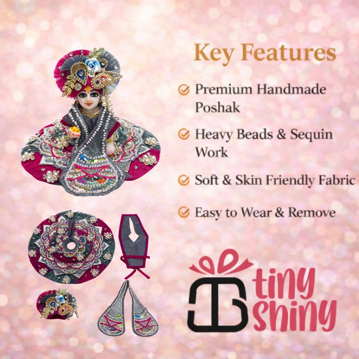 Tiny Shiny Laddu Gopal Poshak Thakur Ji Dress Heavy Designer Dress for Kanha Ji Fancy Dress for Bal Krishna Janmaasthmi Special for Ladoo Gopal Ji (Size- 2 to 6)