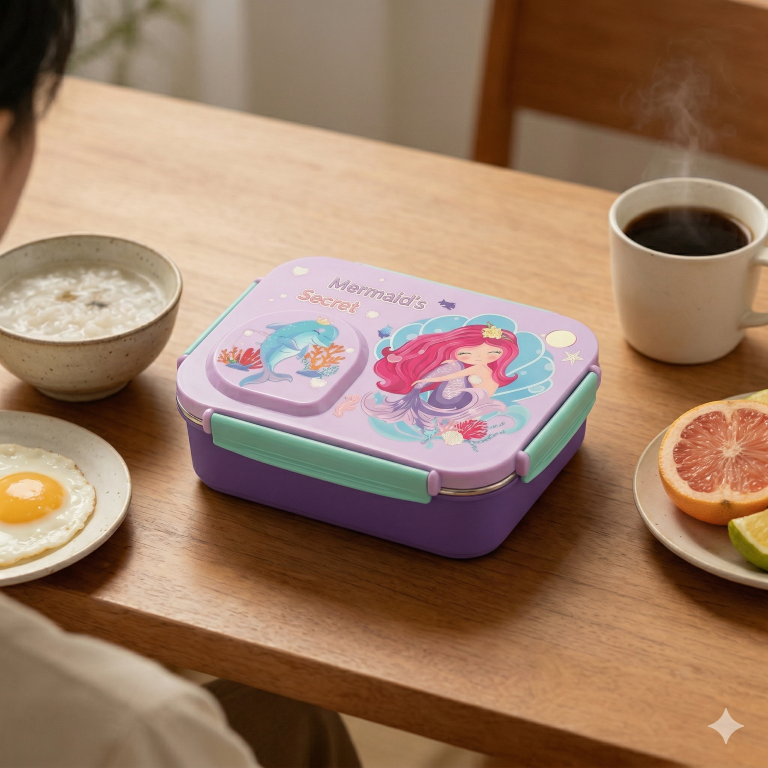 Steel Lunch Lunch Box, 750 ml with 150ml Bowl, BPA Free and Leak Proof, 3 Compartment airtight, with a Spoon & Chopsticks,Mermaid Cartoon Design, Pink, Premium Lunch Box