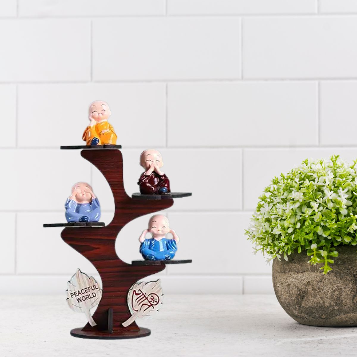 Set of 4 Adorable Buddha Monk Figurines with Wooden Stand