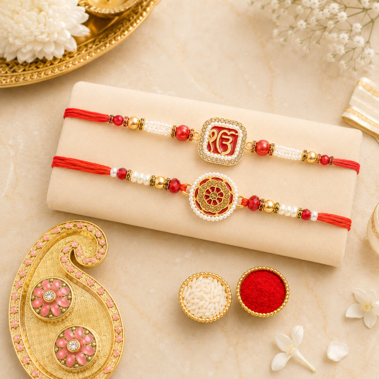 Rakhi Gift Set with 2 Ik Onkar & Mandala Rakhi Set, Roli Chawa, Sipra, Key Chain and chocolate box