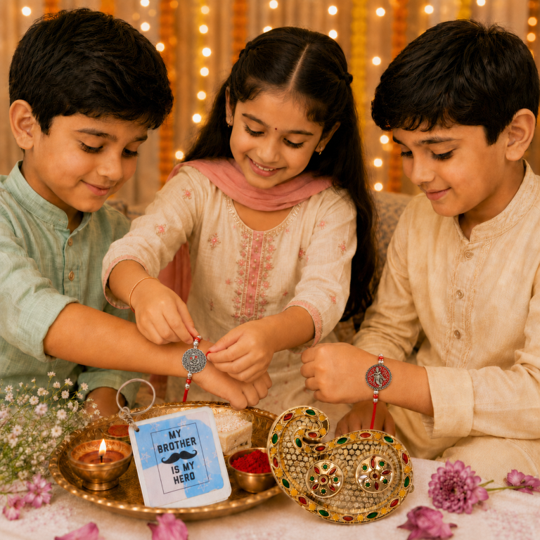 Rakhi Gift Set with 2 Divine Krishna Rakhi Set, Roli Chawa, Sipra, Key Chain and chocolate box